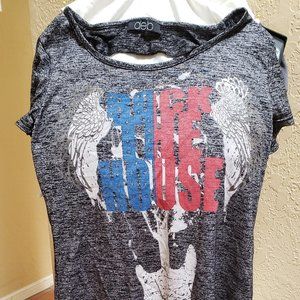 DEB, graphic black  t-shirt, slits in back "Rock the house" Size unk